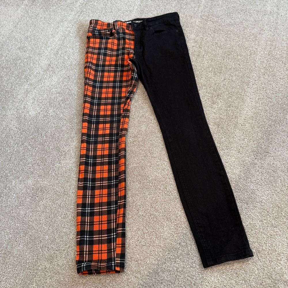 Stylish Black and Orange Plaid Men's Jeans